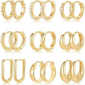 9 Pairs Gold/Silver Hoop Earrings Set for Women, 14K Gold Plated LIMITED DEAL